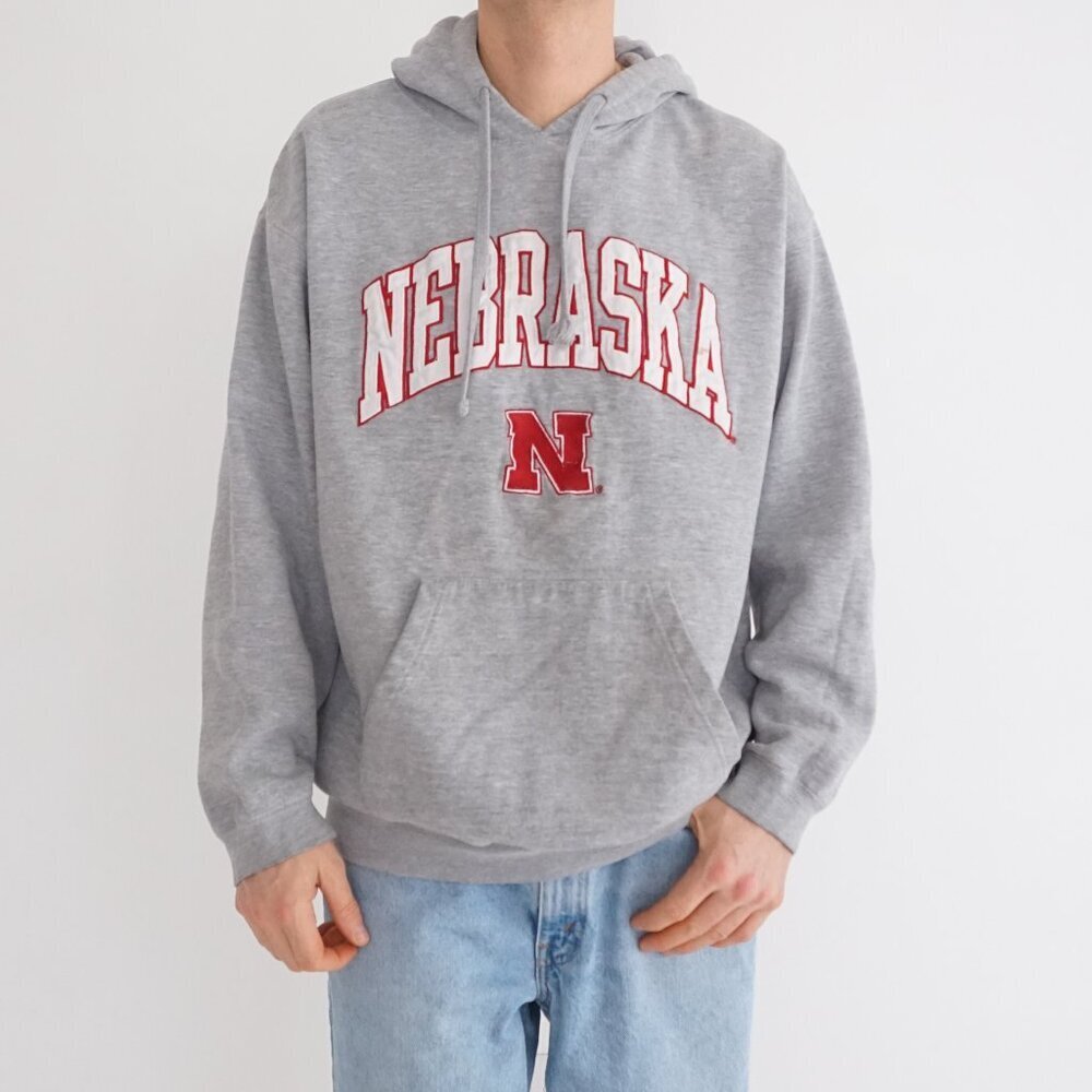 Vintage Genuine Stuff NCAA Grey Nebraska Spellout N Logo Hoodie Sweatshirt US L